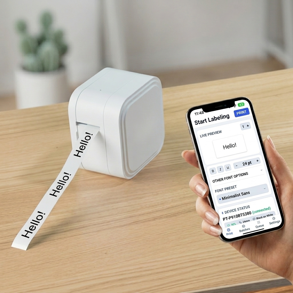 Brother P-touch Cube PT-P910BT printing 'Hello!' label next to a smartphone running the DashLabel app