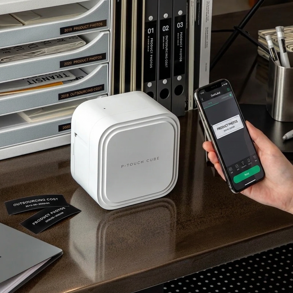 Brother P-touch Cube next to office files labeled with PRODUCT PHOTOS