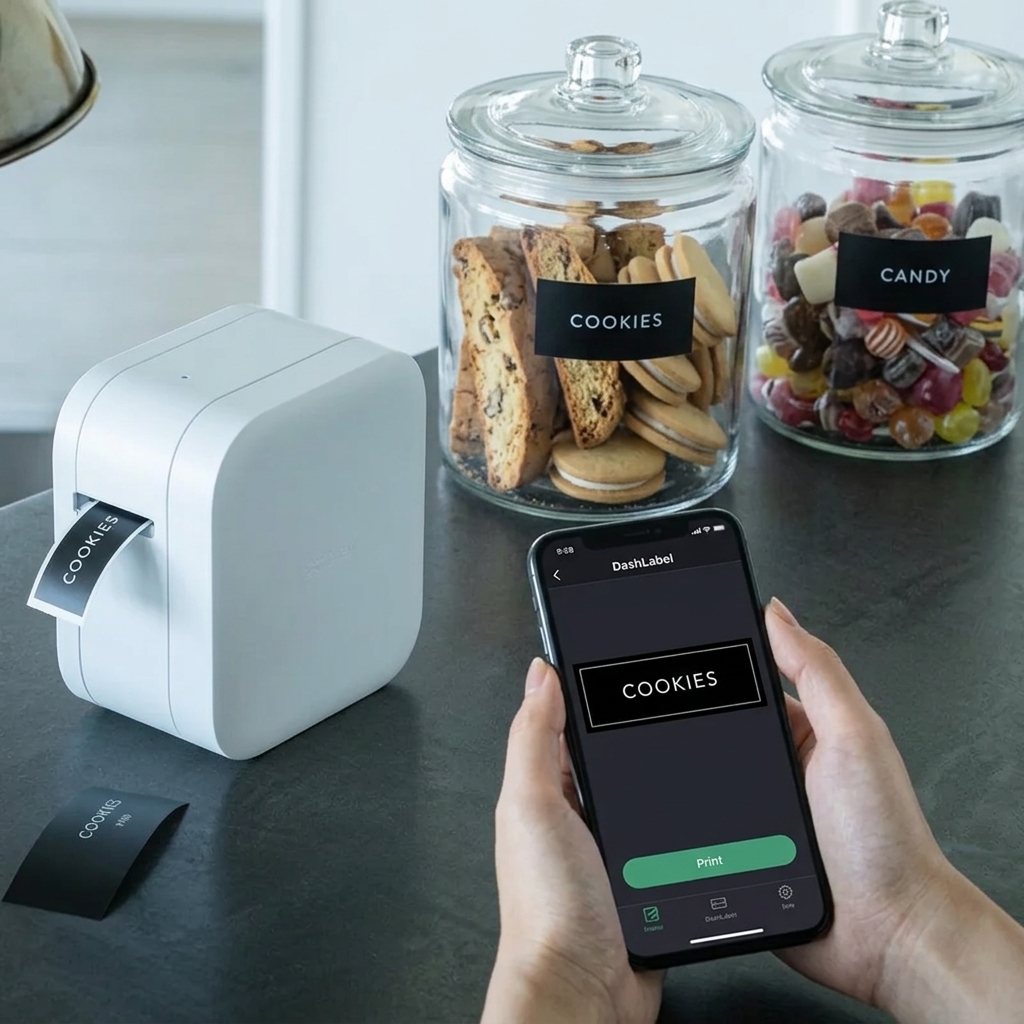 Brother P-touch Cube next to cookie jars labeled with COOKIES using color-coded presets