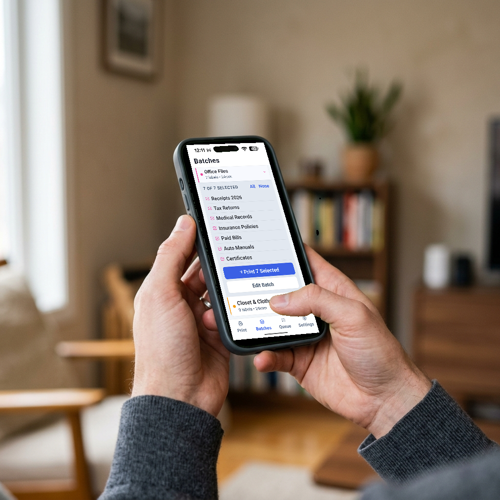 A smartphone showing the DashLabel batches screen, listing office files, tax returns, and other labels ready to print